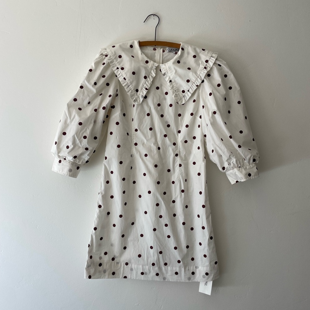 Ganni White and Brown Polka Dot Mini Dress